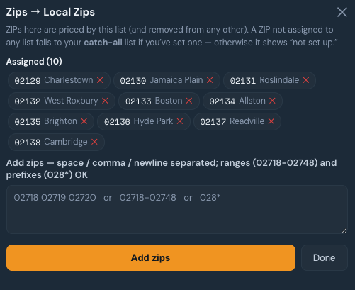 ZIP-to-price-list assignment with catch-all coverage